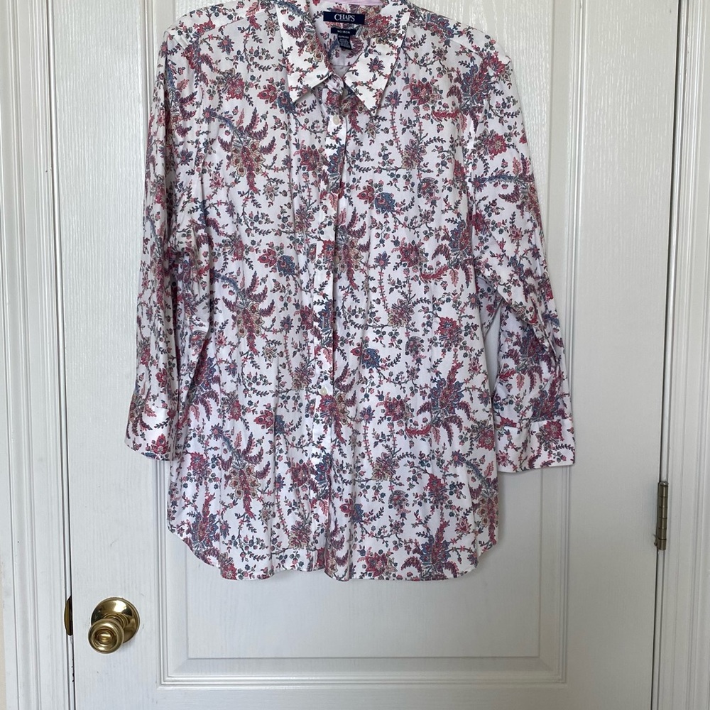 Chaps Floral Button Down Shirt - White and Pink